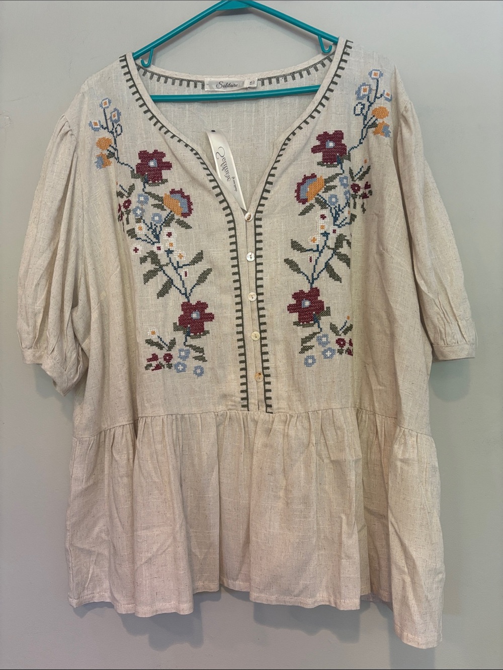 Solitaire Cream Tunic with Multicolor Floral Cross-Stitch